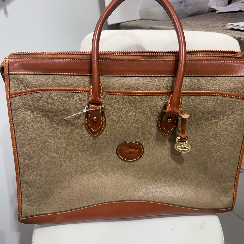 Dooney & Bourke Tan and Brown Leather-Trim Laptop Bag